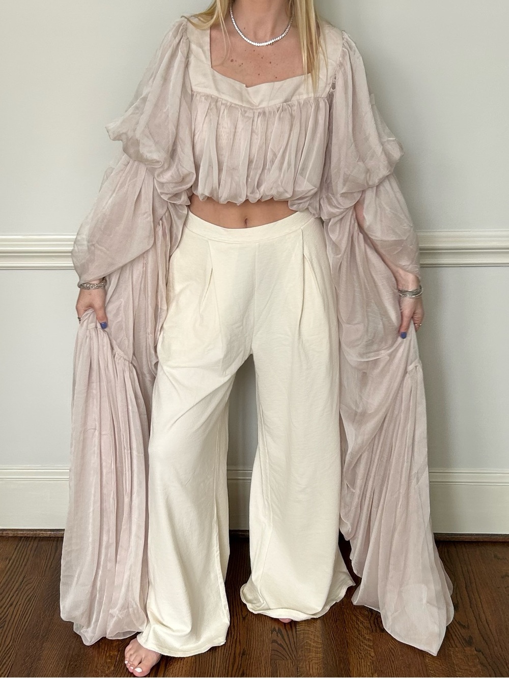 AKIRA Sheer Draped Blush Pink Maxi Top - Picture 2 of 2